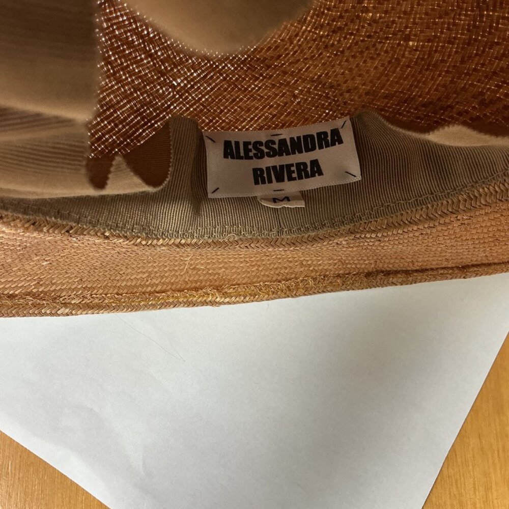 Alessandra Rivera Beige Straw Rope Trim Red Floral or Sun Embroidery Hat M - Picture 7 of 7